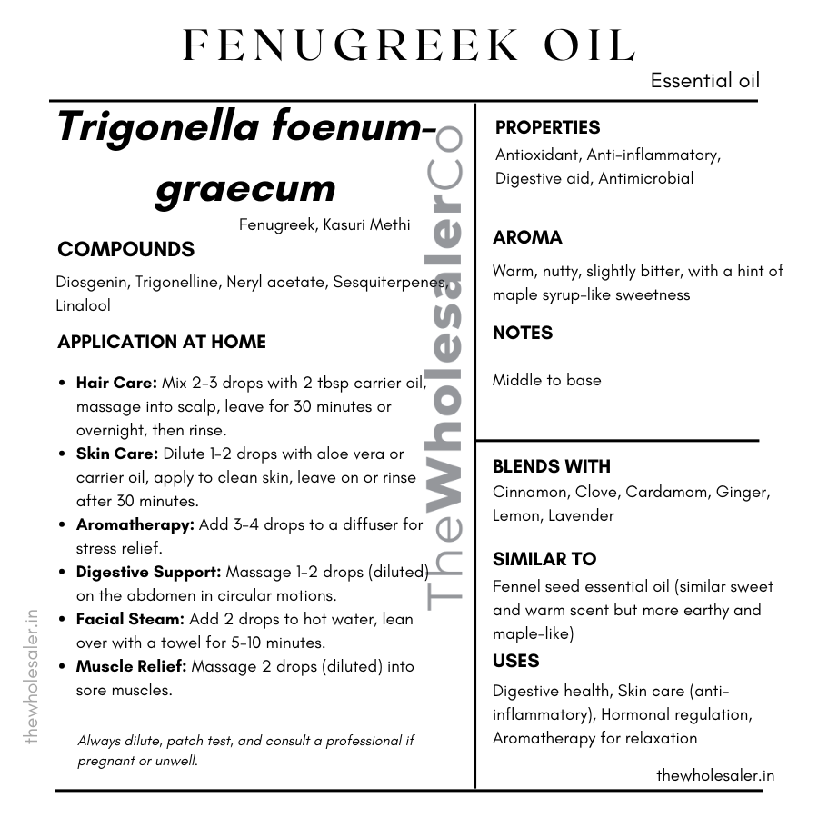 Trigonella foenum-graecum seed essential oil with common name, active compounds, properties,aroma, notes,blends with, similar to and uses of fennel seed essential oil